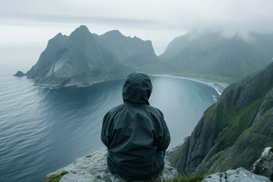 A man in a dark jacket sitting on the edge of a cliff, overlooking the  beach far below, rainy weather, foggy, back view, dramatic