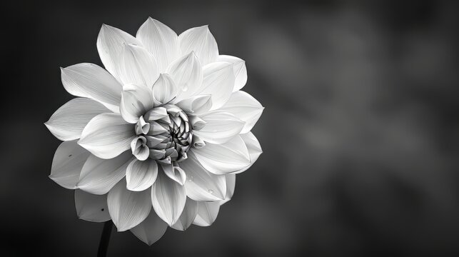 Monochrome image of a solitary dahlia in bloom