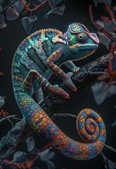 Colorful chameleon sitting on branch in dark room with black background, exotic reptile perched on tree limb wildlife nature theme