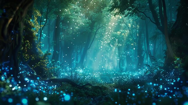 Otherworldly 3D glow emanating from an enchanted forest