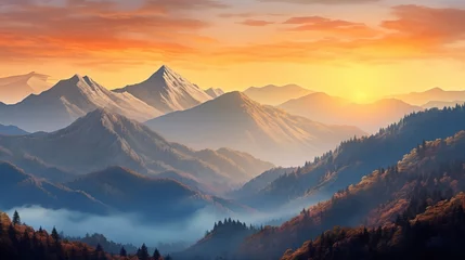  A stunning mountain range illuminated by the warm colors of a breathtaking sunset, Super Realistic illustration © JetHuynh