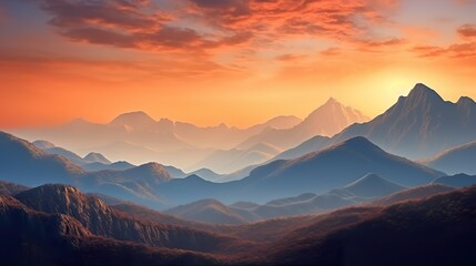 A stunning mountain range illuminated by the warm colors of a breathtaking sunset, Super Realistic illustration