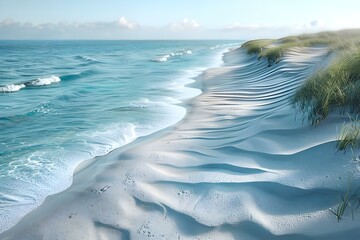 Serene Dunes: Minimalist Rhythms of Sand and Sea. Concept Landscape Photography, Minimalist Aesthetics, Seaside Serenity, Nature's Harmony, Tranquil Beachscape