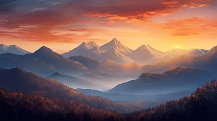 Foto op Plexiglas A stunning mountain range illuminated by the warm colors of a breathtaking sunset, Super Realistic illustration © JetHuynh