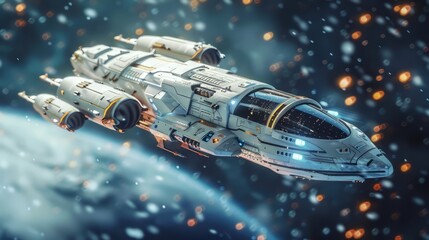Sci fi 3D rendering of a futuristic spaceship flying through space