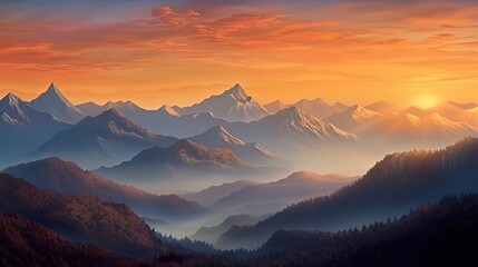 A stunning mountain range illuminated by the warm colors of a breathtaking sunset, Super Realistic illustration - obrazy, fototapety, plakaty