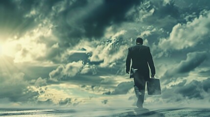 Resilient Businessman Navigates Stormy Skies with Determination and Purpose - obrazy, fototapety, plakaty