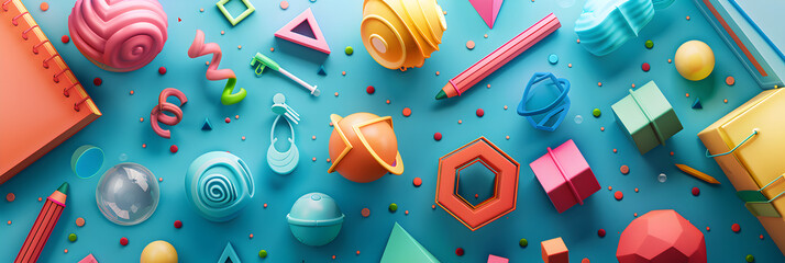 A close up of a bunch of different colored objects on a purple background, Seamless tileable patterns of 3D cartoon elements that are Continuous And cohesive.
 - obrazy, fototapety, plakaty