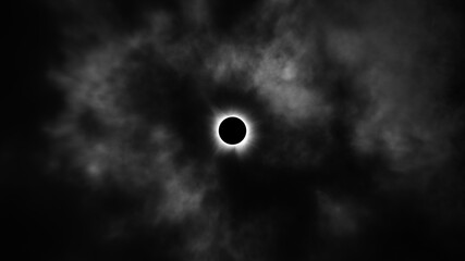 Sun during 2024 Solar Eclipse Ring During Totality with Clouds in Black and White