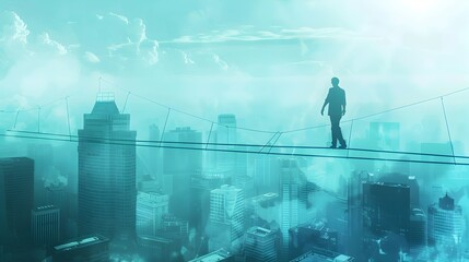 Businessman Balancing Risks and Rewards on Tightrope Above Cityscape - obrazy, fototapety, plakaty