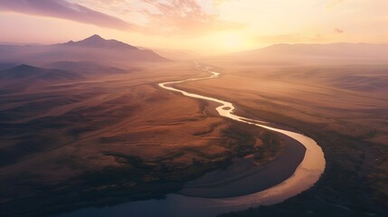 An Endless River Winding through a Breathtaking Desert Landscape,Merging with the Sky in a Seamless Loop - obrazy, fototapety, plakaty