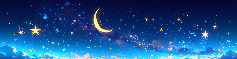 Obraz na płótnie Canvas Magic night sky with stars and clouds. Landscape with crescent moon, stardust and milky way. Fantasy galaxy illustration, space background
