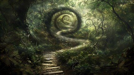 Enchanted Forest Path Spiraling into the Infinite Expanse of Imagination and Discovery - obrazy, fototapety, plakaty
