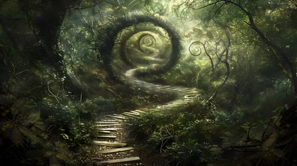 Fotobehang Enchanted Forest Path Spiraling into the Infinite Expanse of Imagination and Discovery © pkproject