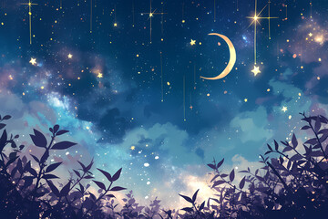 Obraz na płótnie Canvas Magic night sky with stars and clouds. Landscape with crescent moon, stardust and milky way. Fantasy galaxy illustration, space background