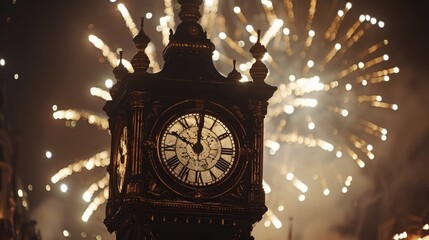 New Year's Eve Excitement: Anticipating Midnight with Clock and Fireworks Display