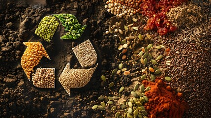 Fototapeta premium Vibrant Recycle Logo Composed of Diverse Grains and Seeds on Fertile Soil Backdrop,Emphasizing Sustainable Cycles and Composting