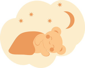 Cute little bear in kawaii style sleeps under a blanket against the background of stars and the moon. Minimalistic universal card.