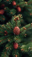 Detailed view of a pine tree with visible cones