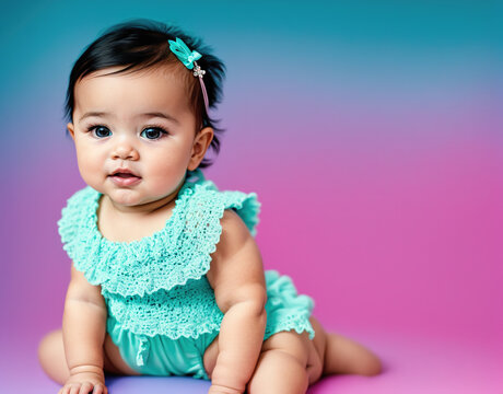 A baby girl sitting on the floor, wearing a pink romper and a pink bow in her hair.