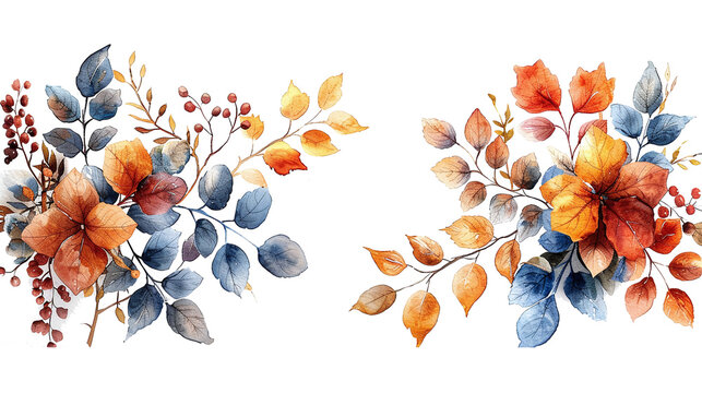 watercolor painting of autumn leaves border isolated against transparent background