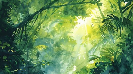 Watercolor illustration of a lush rainforest canopy