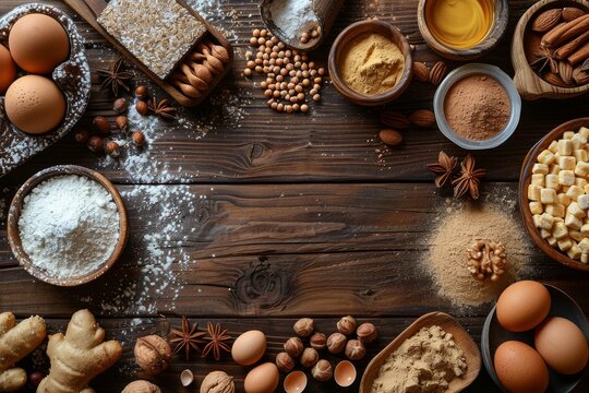 This image shows an array of baking ingredients laid on a rustic wooden table, ideal for food and recipe concepts