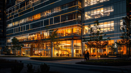 Evening view of a high-rise sales office, 