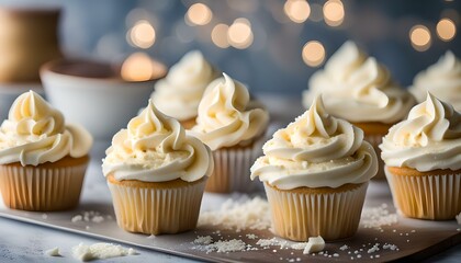 Whipped butter cream frosting applied to vanilla cupcakes
 - obrazy, fototapety, plakaty