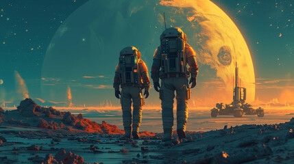 Two astronauts in a space suit confidently walk on an alien planet, exploring the surface of the planet. In the background research base/station and rover. Space travel, colonization concept.