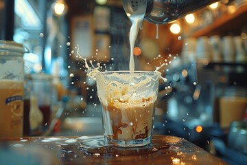 Dynamic capture of a splash in a glass of coffee, highlighting the motion and vibrant energy of the liquid - obrazy, fototapety, plakaty