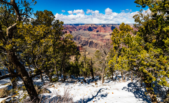 Panoramic view of Grand Canyon scenery from a viewing platform on the south rim near National Park visitor centre in Arizona, USA. Sunny day with clear view. Colorful and unique wild scenery.