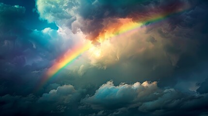 Everlasting hope symbolized in a rainbow breaking through dark clouds