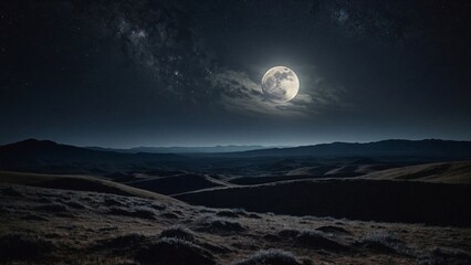 A full moon, starry sky, focused moon, dark sky. A moon over mountains. Moon covered by clouds....