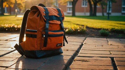 A backpack on a footpath, garden in a college, college buildings, fountain, sun rise light, orange hues