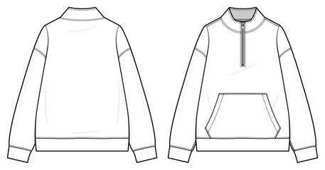 1/4 zip pullover Technical fashion illustration. Quarter-zip pullover vector template illustration. front and back view. stand collar. zip placket, drop shoulder. kangaroo pocket. CAD mockup. © aivenstudio