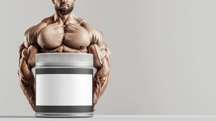 Handsome man standing and flexing his muscles - muscular athletic bodybuilder fitness model posing with a can of protein