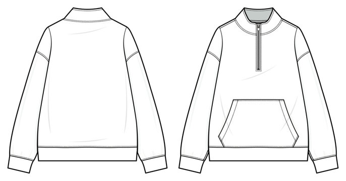 1/4 zip pullover Technical fashion illustration. Quarter-zip pullover vector template illustration. front and back view. stand collar. zip placket, drop shoulder. kangaroo pocket. CAD mockup.