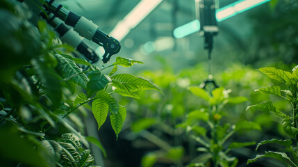 Plant growing in a controlled biotech environment, high-tech greenhouse