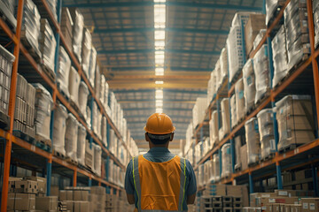 Middle age asia storage warehouse worker working in the background a large goods storage warehouse - obrazy, fototapety, plakaty