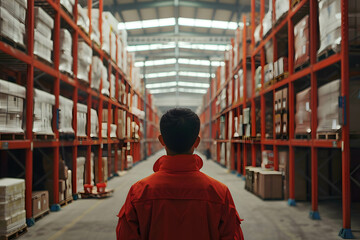 Middle age asia storage warehouse worker working in the background a large goods storage warehouse