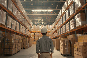 Middle age asia storage warehouse worker working in the background a large goods storage warehouse - obrazy, fototapety, plakaty
