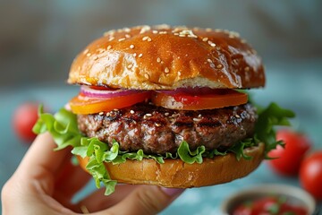 An appetizing burger with a succulent patty, fresh greens, tangy tomato, and sharp onion presented...