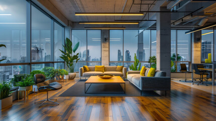 Spacious, modern office interior, large windows overlooking the city, contemporary furniture