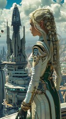 Cyberworld mit Dame: Futuristische Landschaft und Stadt mit einer Frau im Vordergrund. KI generiert. - 783188367