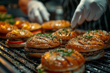 A chef delicately garnishes glazed burgers on a stove, the image captures the finesse of gourmet burger preparation