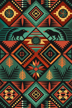 African poster with geometric traditional pattern. Africa culture ethnic ornament for fabric or textile. Vibrant poster featuring a intricate african tribal design