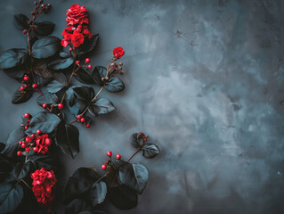 Elegant Red Flowers and Berries on Dark Textured Background