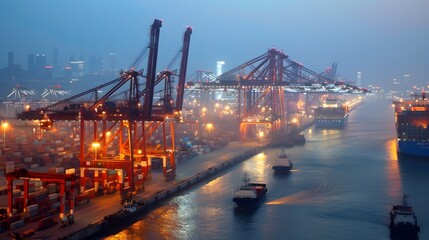 Bustling Cargo Port at Dusk,Cranes Lifting Containers onto a Massive Merchant Ship,Illustrating the Expansive Scale of Global Marine Transportation