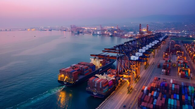 Bustling Container Port Skyline at Dusk with Cranes Loading Cargo Onto a Vast Ship,Showcasing Global Marine Transportation Scale